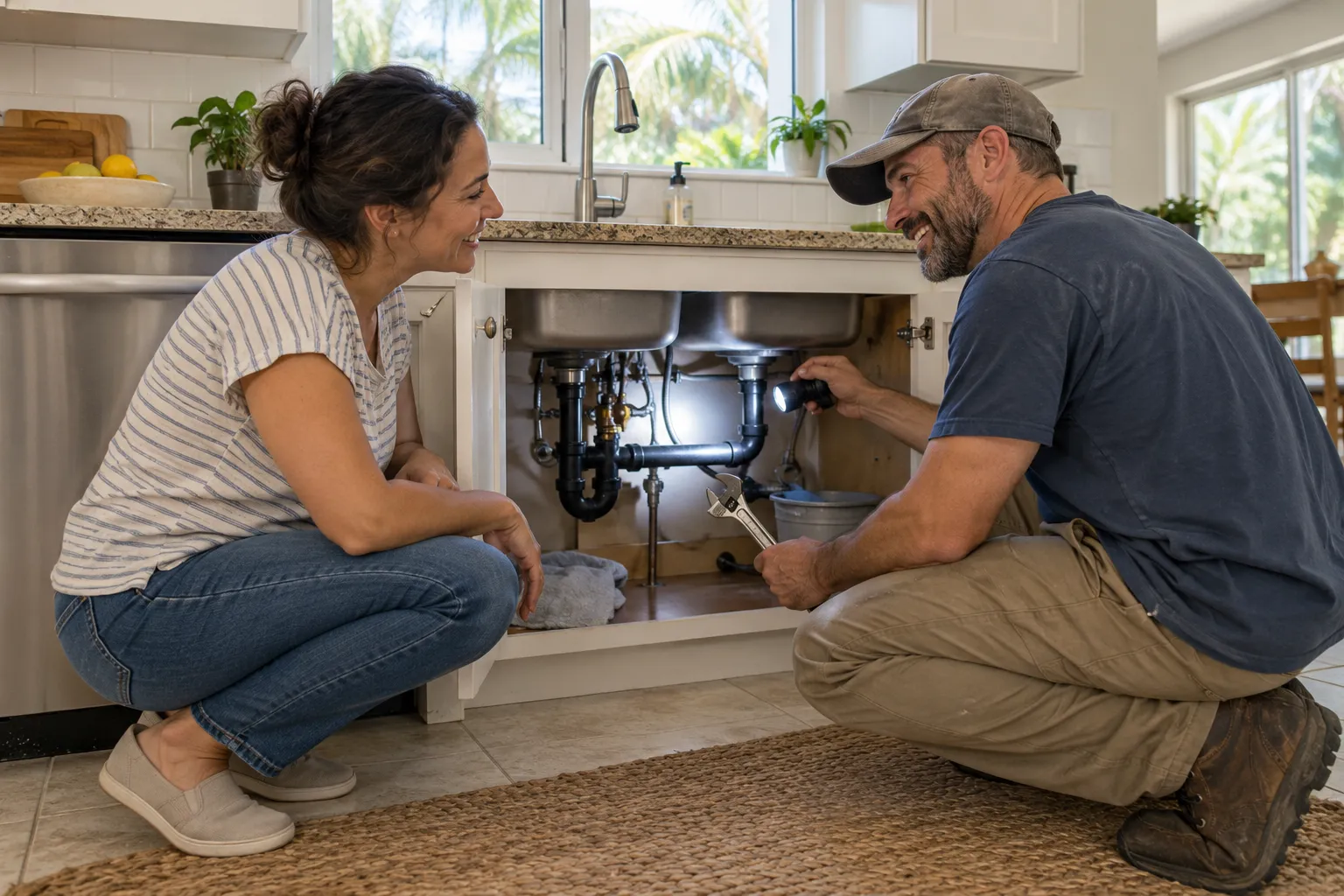 Homeowner and plumbing provider checking under a kitchen sink in Delray Beach